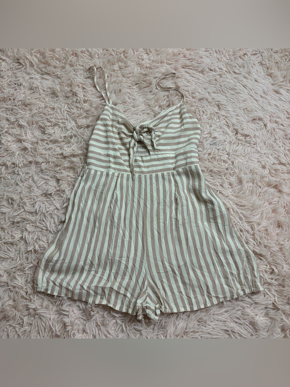 Forever 21 Cream & Tan Striped Sleeveless Romper with Front Tie
